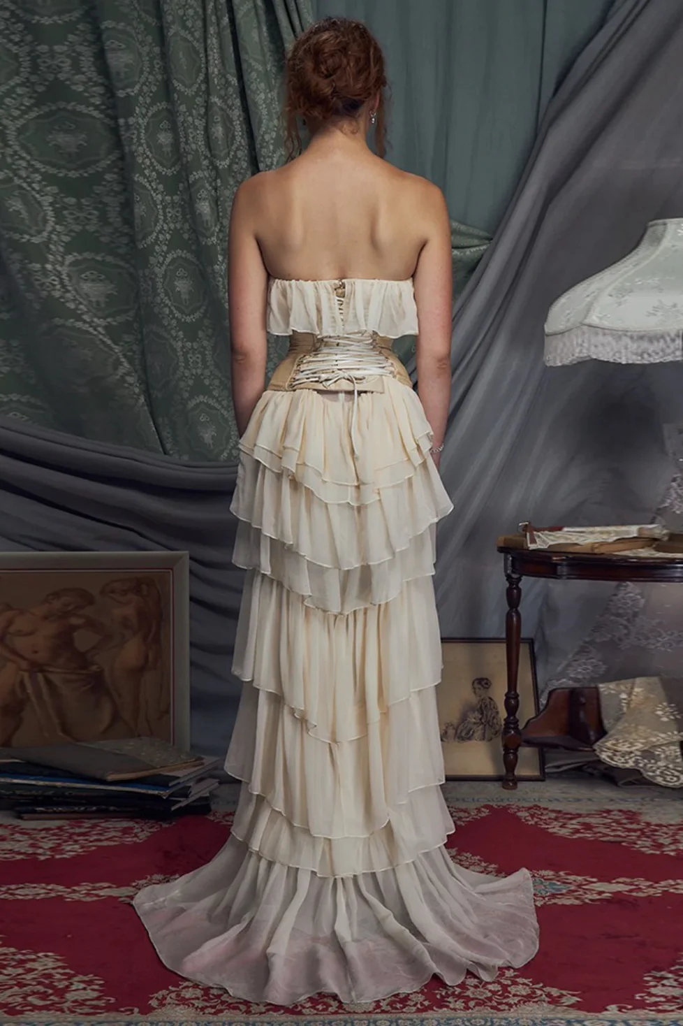 Two Piece Palace Style Strapless Tie Waist Belt Tiered Prom Dress - Image 7