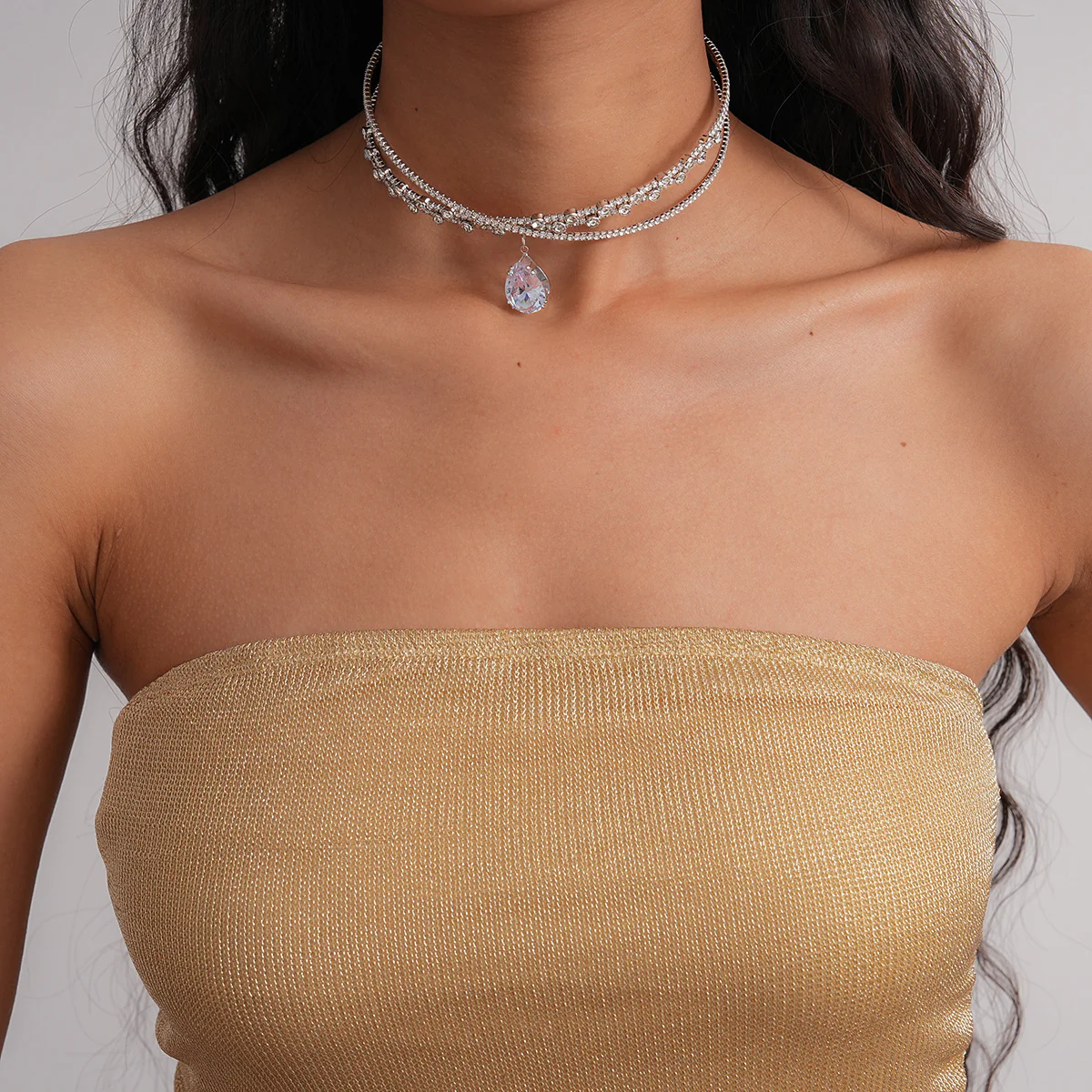 Zircon Rhinestone Waterdrop Crisscross Double Layer NeckLace - Image 3